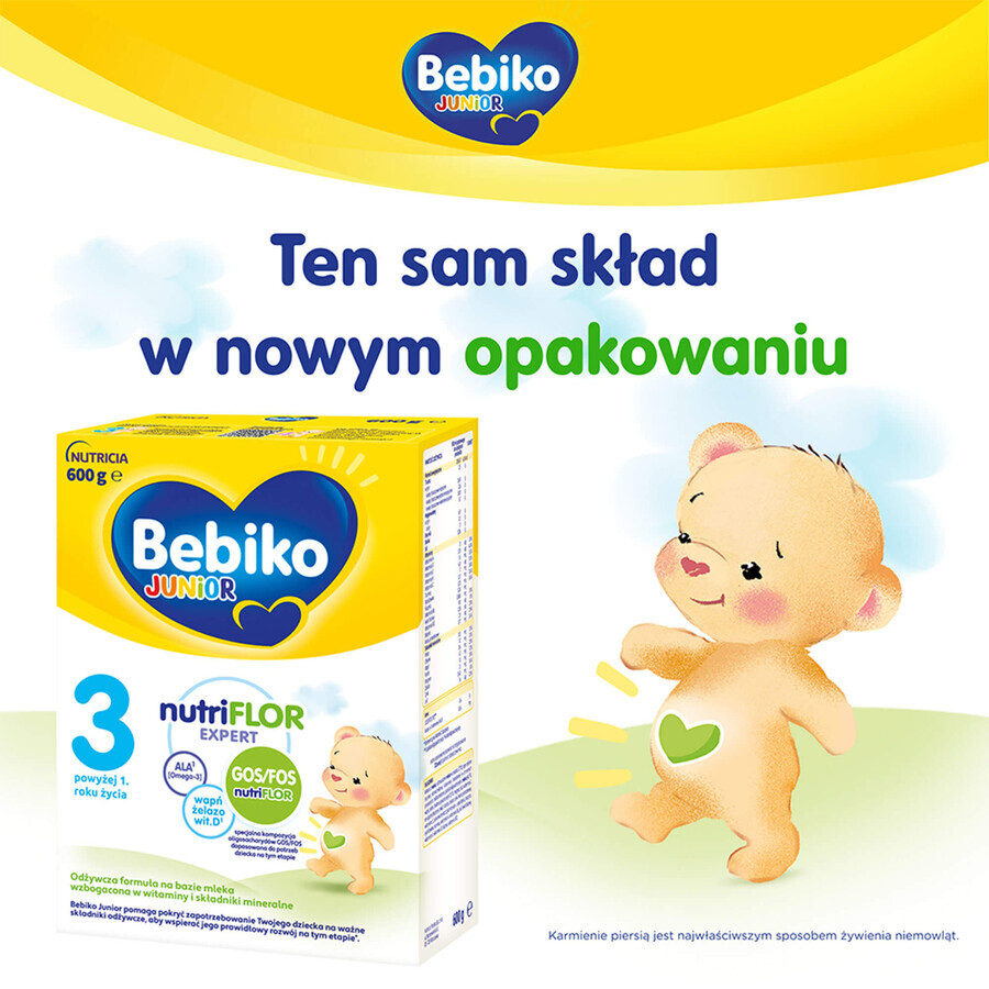 Bebiko Junior 3 Nutriflor Expert set, fórmula nutritiva a base de leche, más de 1 año, 3 x 600 g + Boon, bidón de pajita Swig, 265 ml gratis