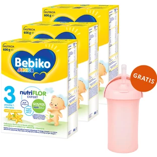 Set Bebiko Junior 3 Nutriflor Expert, voedzame melkvoeding, vanaf 1 jaar, vanillesmaak, 3 x 600 g + Boon, Swig rietje bidon, 265 ml gratis