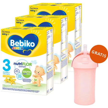 Set Bebiko Junior 3 Nutriflor Expert, voedzame melkvoeding, vanaf 1 jaar, vanillesmaak, 3 x 600 g + Boon, Swig rietje bidon, 265 ml gratis