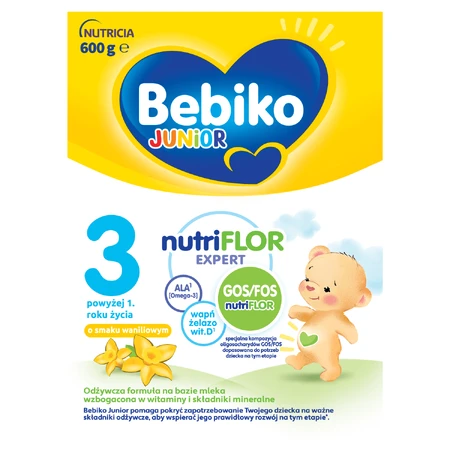 Set Bebiko Junior 3 Nutriflor Expert, voedzame melkvoeding, vanaf 1 jaar, vanillesmaak, 3 x 600 g + Boon, Swig rietje bidon, 265 ml gratis