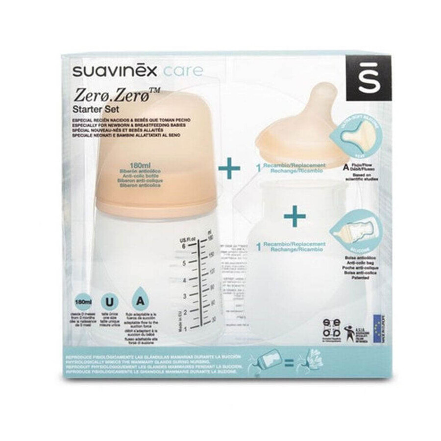 Suavinex Zero 180 ml zuigfles + speen maat A + siliconen zakje verpakking 180ml