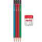 Set of 4 standard wooden pencils with pencil lead + sharpener with container, Rotring