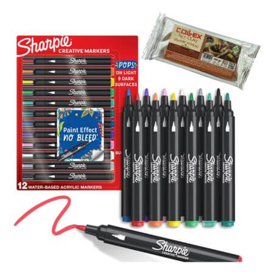 Set of 12 acrylic Sharpie markers with round tip + modeling clay White 250 gr, Collex