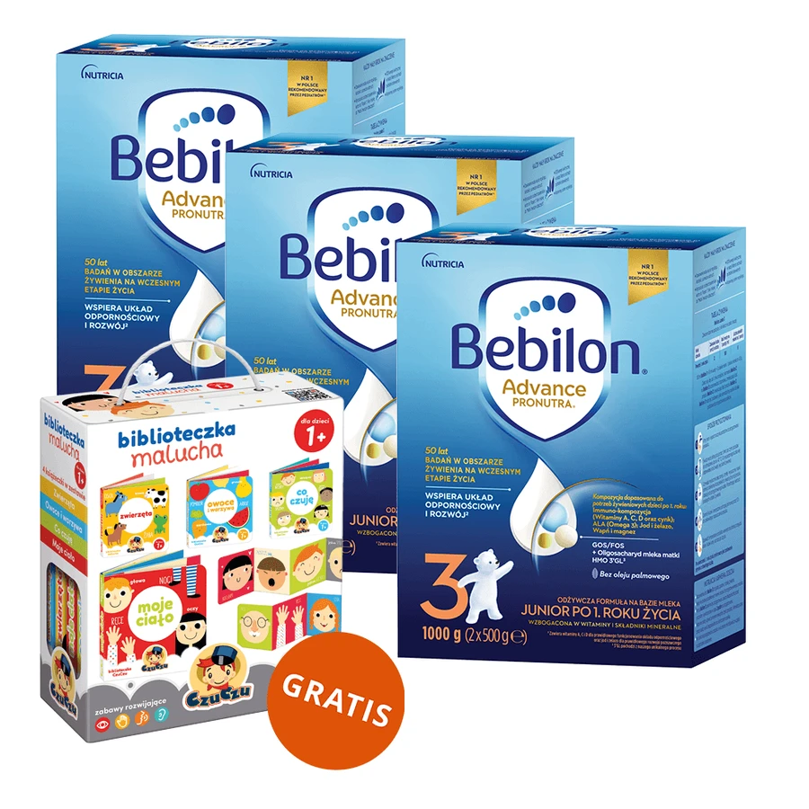 Set Bebilon Advance Pronutra 3 Junior, lait maternisé nourrissant, après 1 an, 3 x 1000 g + CzuCzu Library of the Toddler, 4 livres pour enfants, à partir de 12 mois gratuit