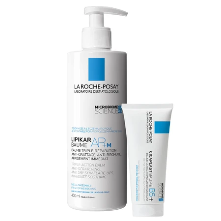 Set La Roche-Posay Cicaplast Baume B5+, verzachtende regenererende lotion, 100 ml + Lipikar Baume AP+M, bodylotion, droge en atopische huid, vanaf de geboorte, 400 ml