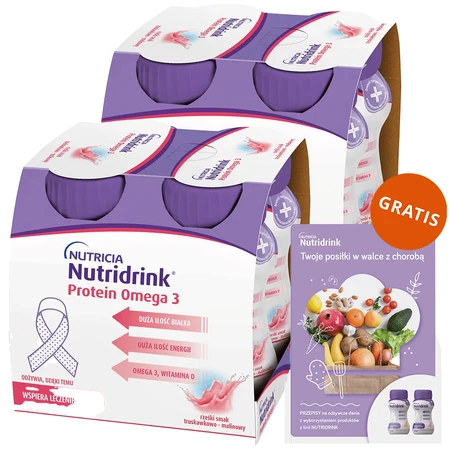 Set Nutridrink Protein Omega 3, preparado nutricional, crujiente sabor fresa-frambuesa, 8 x 125 ml + recetario gratuito