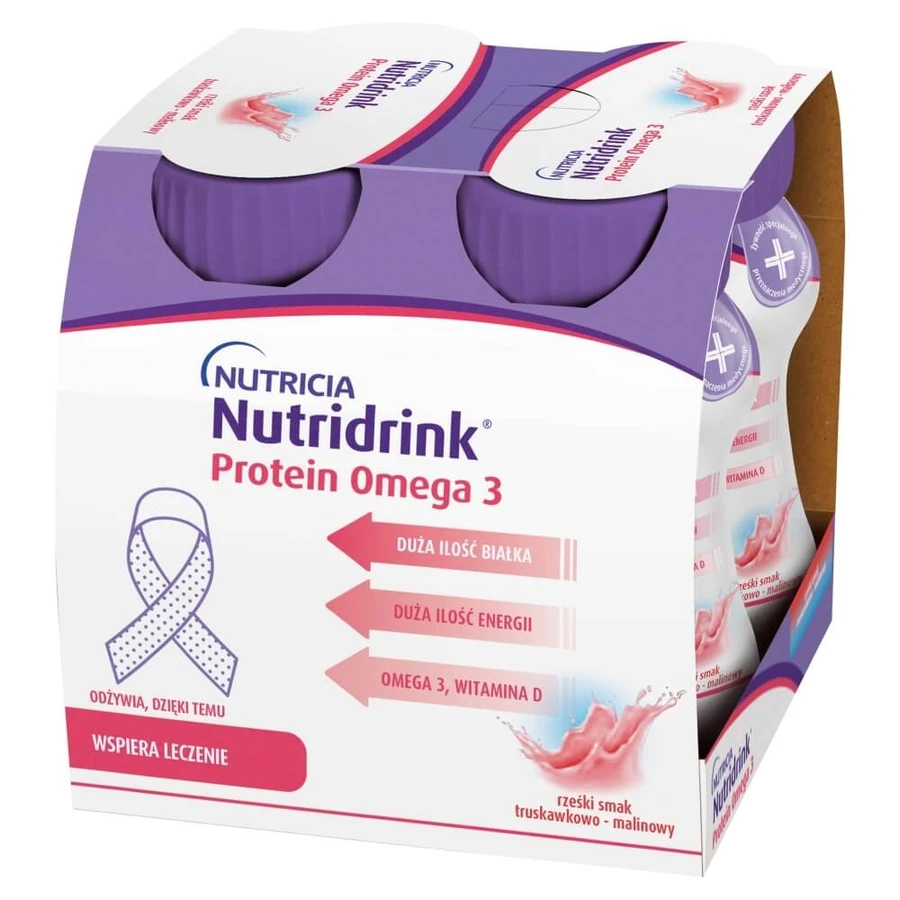 Set Nutridrink Protein Omega 3, preparado nutricional, crujiente sabor fresa-frambuesa, 8 x 125 ml + recetario gratuito