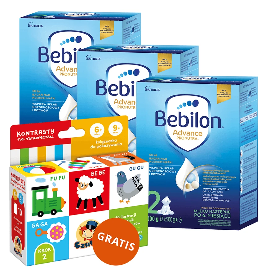 Set Bebilon Advance Pronutra 2, leche de continuación, más de 6 meses, 3 x 1000 g + CzuCzu Contrastes en un cordón, libro del bebé, 6-9 meses gratis