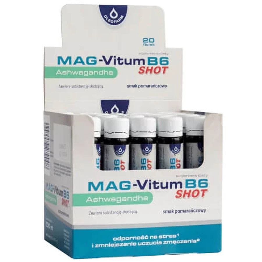 Oleofarm Mag-Vitum B6 Ashwagandha, shot, orange flavor, 25 ml x 20 vials