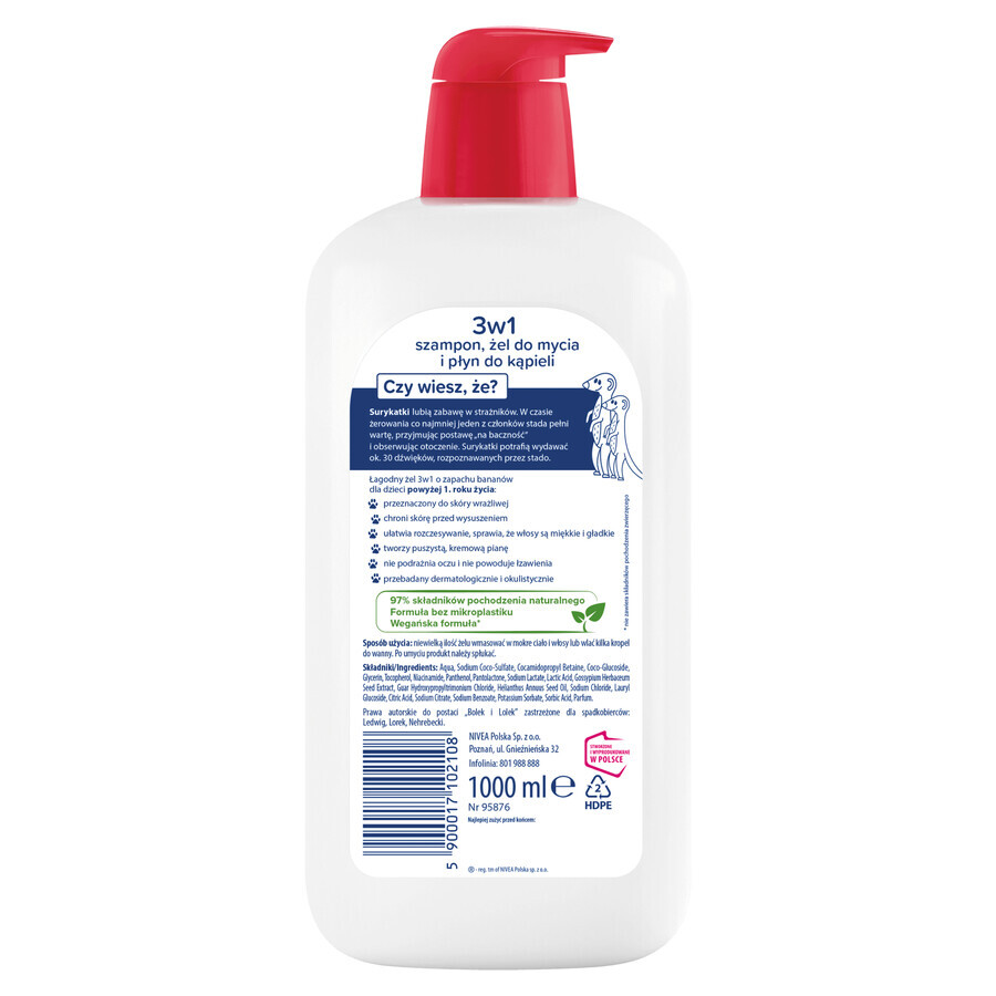 Bambino Kids, gel de spălare pentru corp și păr 2 în 1, surykats, de la 1 an, 1 l