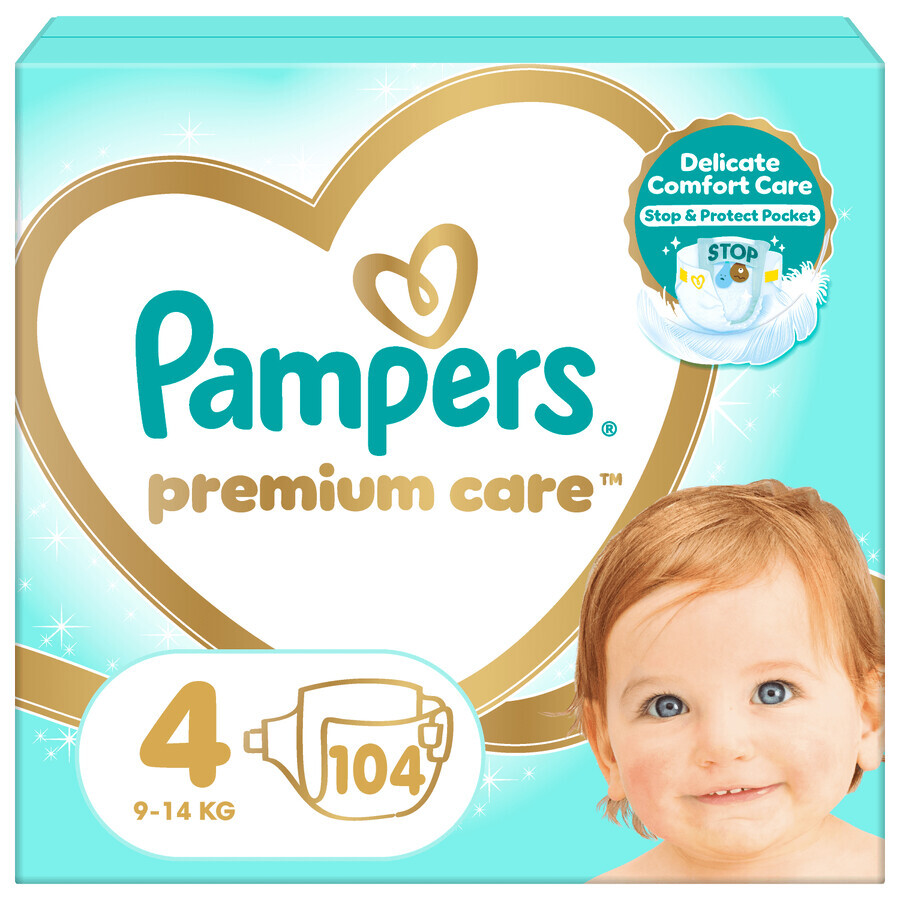 Pampers Premium Care, pannolini taglia 4, 9-14 kg, 104 pezzi + asciugamano Psi Patrol in omaggio