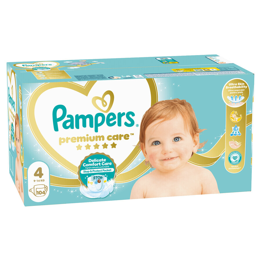 Pampers Premium Care, pannolini taglia 4, 9-14 kg, 104 pezzi + asciugamano Psi Patrol in omaggio