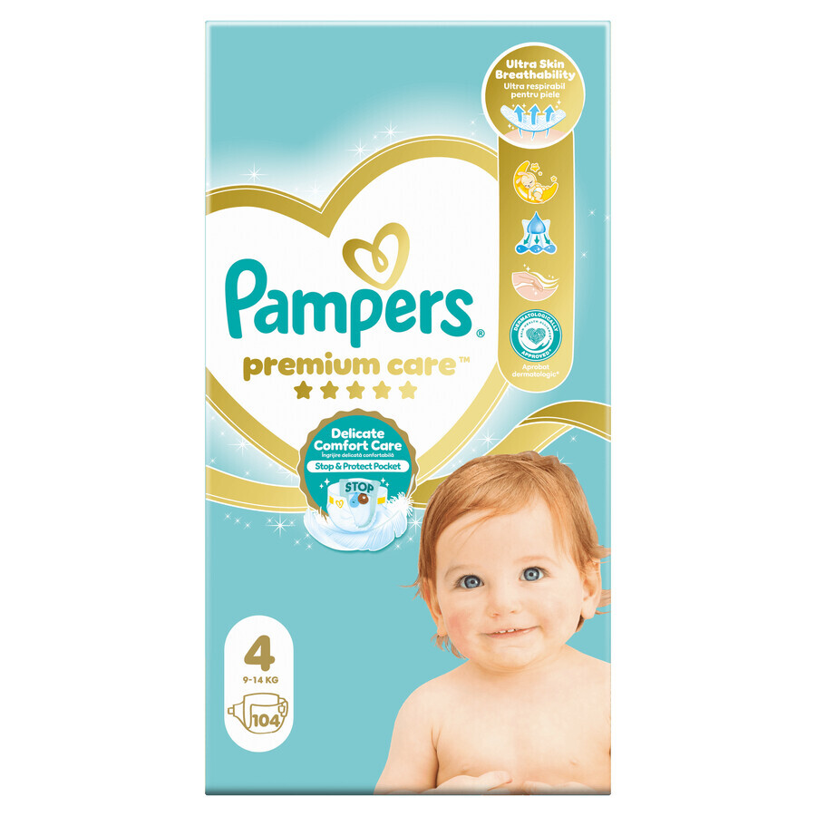 Pampers Premium Care, pannolini taglia 4, 9-14 kg, 104 pezzi + asciugamano Psi Patrol in omaggio