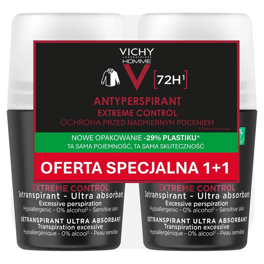 Vichy Homme, antitranspirante roll-on para hombre, 72 horas de protección, 2 x 50 m