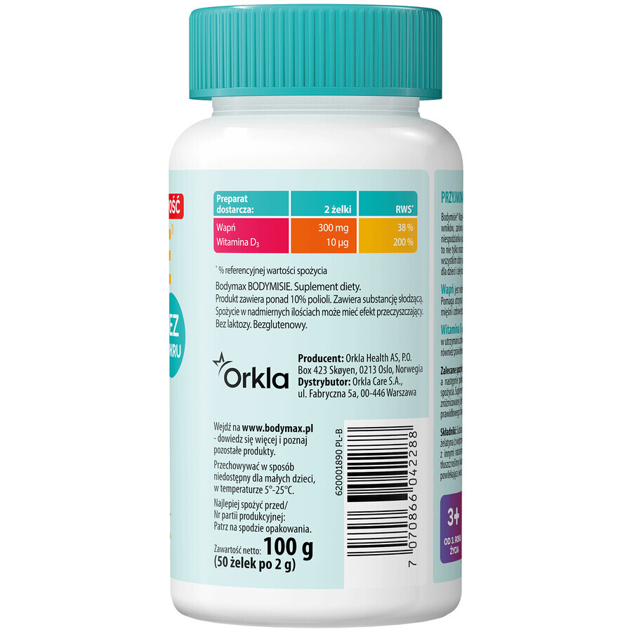 Bodymax Bodymisie Calcio + Vit D, gelatina para niños a partir de 3 años y adultos, sabor fresa, 50 unidades