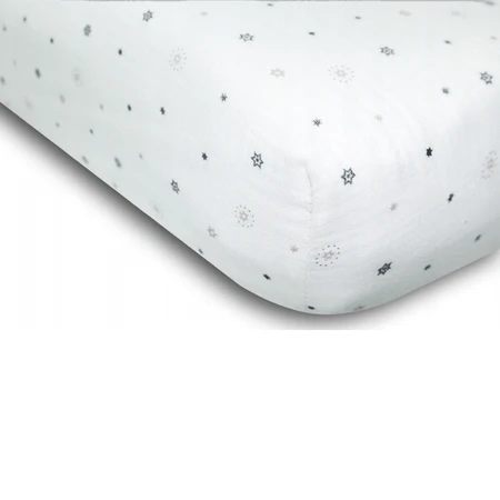 BabyMatex, sábana de muselina con banda elástica 60 cm x 120 cm, Muselina de diseño, blanca con estrellas