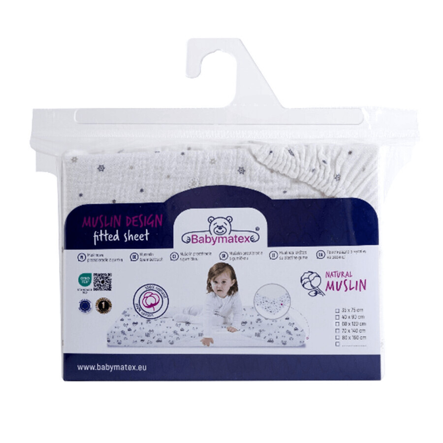 BabyMatex, lenzuolo in mussola con elastico 60 cm x 120 cm, Muslin Design, bianco con stelle