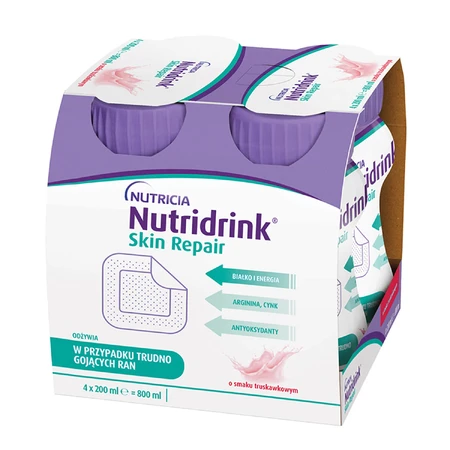 Set Nutridrink Skin Repair, préparation nutritionnelle, goût fraise, 12 x 200 ml