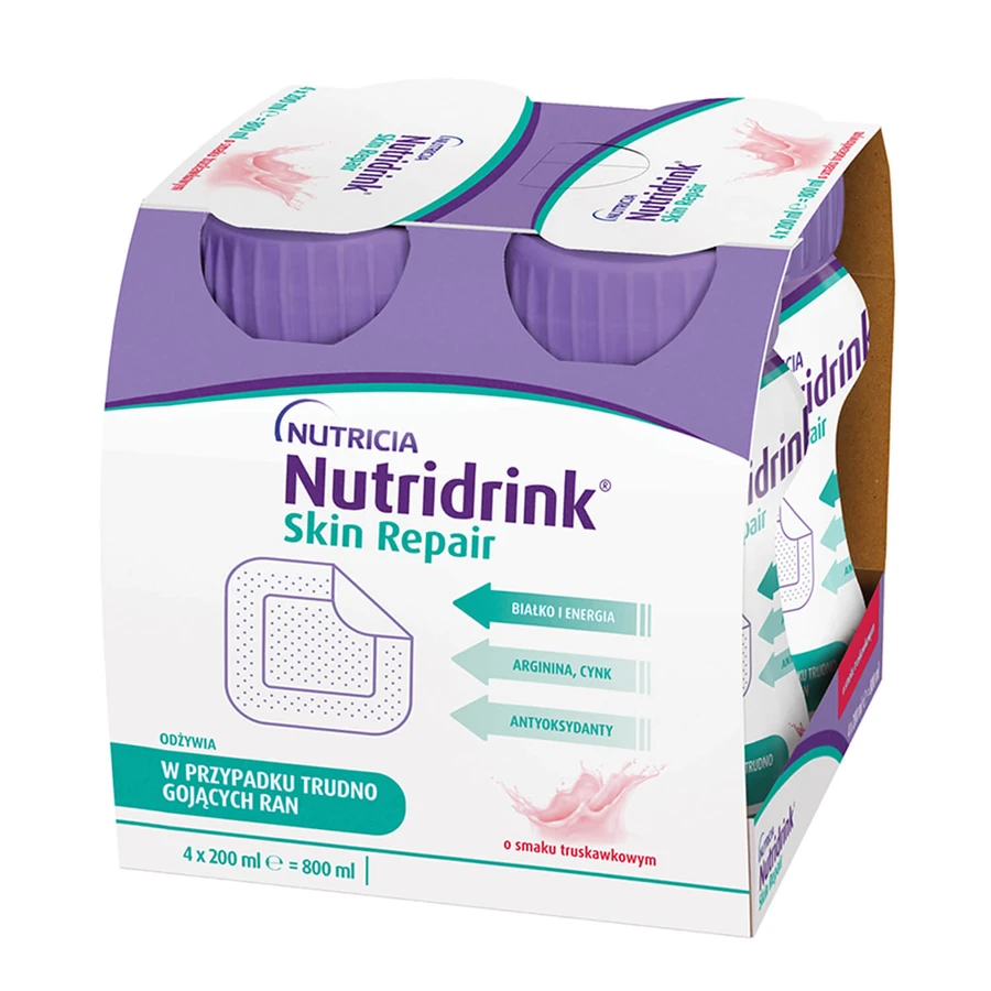 Set Nutridrink Skin Repair, préparation nutritionnelle, goût fraise, 12 x 200 ml
