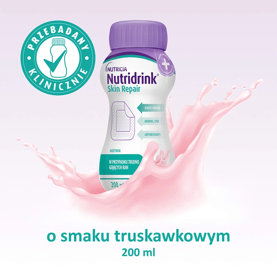 Set Nutridrink Skin Repair, préparation nutritionnelle, goût fraise, 12 x 200 ml