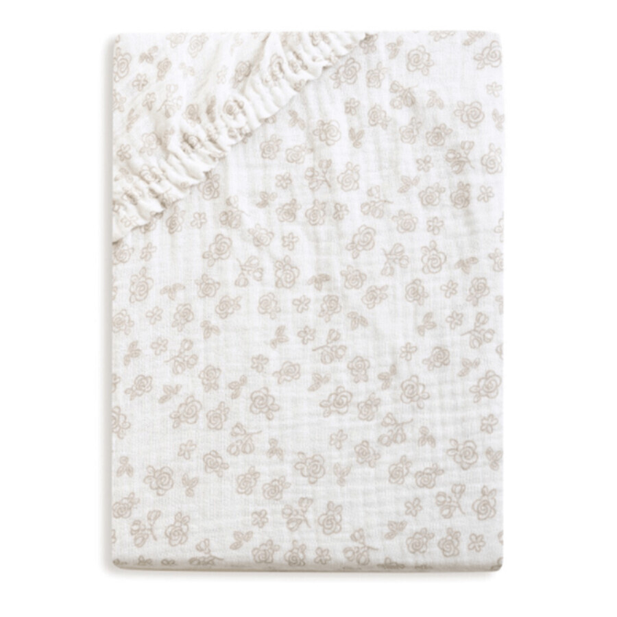 BabyMatex, cearșaf muselină cu bandă elastică 60 cm x 120 cm, Muslin Design, alb cu trandafiri
