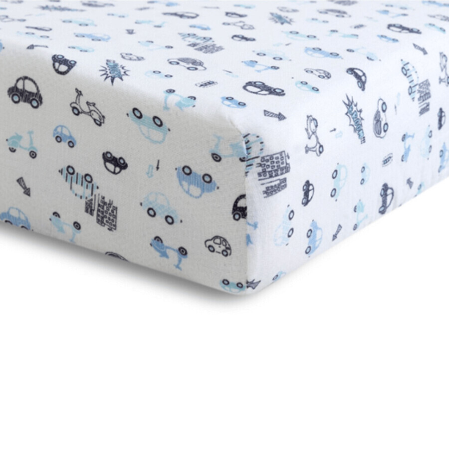 BabyMatex, mousseline deken met elastiek 60 cm x 120 cm, mousseline dessin, wit met autootjes
