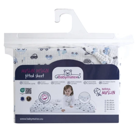 BabyMatex, mousseline deken met elastiek 60 cm x 120 cm, mousseline dessin, wit met autootjes
