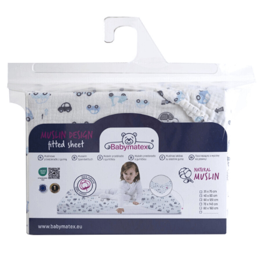 BabyMatex, mousseline deken met elastiek 60 cm x 120 cm, mousseline dessin, wit met autootjes