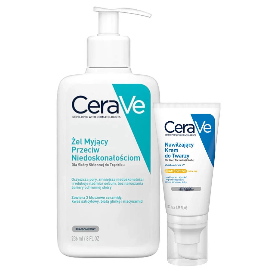 Set CeraVe, gel de spălare împotriva imperfecțiunilor, 236 ml + cremă de față hidratantă cu ceramide, SPF 50, 52 ml