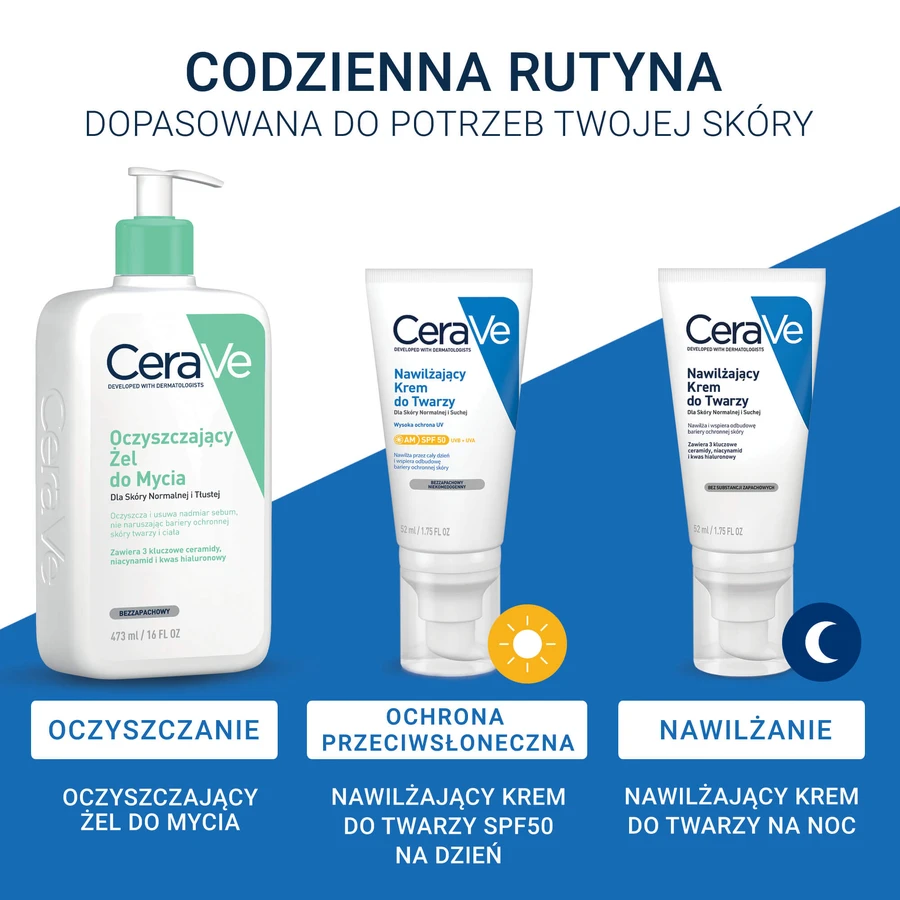 Set CeraVe, gel de spălare împotriva imperfecțiunilor, 236 ml + cremă de față hidratantă cu ceramide, SPF 50, 52 ml