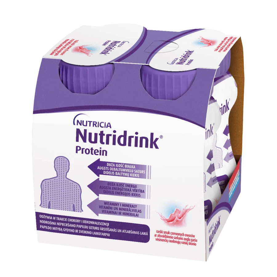 Nutridrink Protein kit, preparado nutricional, melocotón-mango, 4 x 125 ml + sabor fresa, 4 x 125 ml + sabor frutas del bosque, 4 x 125 ml + sabor frutos rojos, 4 x 125 ml