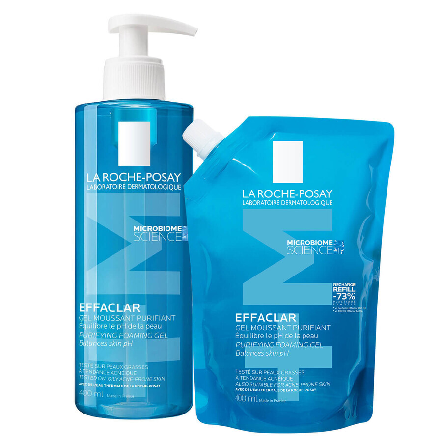 La Roche-Posay Effaclar kit, gel nettoyant pour peaux grasses et sensibles, 400 ml + réserve, 400 ml