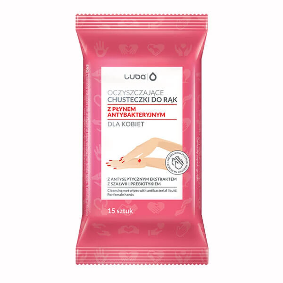 Luba, lingettes humides nettoyantes avec liquide antibactérien, pour femmes, 15 pièces