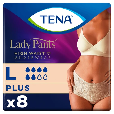 Tena Lady Pants Creme, saugfähige Slips, Größe L, 95-130 cm, Plus, 8 Stück