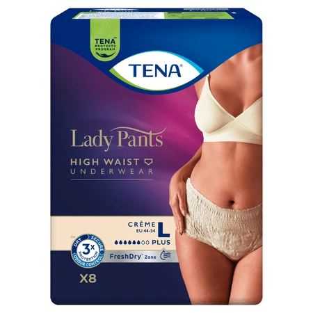 Tena Lady Pants Creme, saugfähige Slips, Größe L, 95-130 cm, Plus, 8 Stück