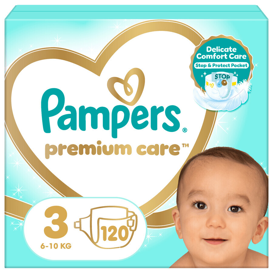Pampers Premium Care, scutece, mărimea 3, 6-10 kg, 120 buc + pelerină prosop Psi Patrol gratuit