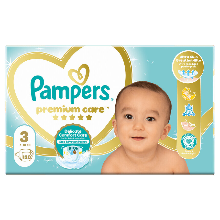 Pampers Premium Care, scutece, mărimea 3, 6-10 kg, 120 buc + pelerină prosop Psi Patrol gratuit