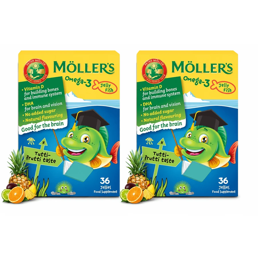 Peştişori gumați cu Omega-3 cu aromǎ de fructe, 2x36 de jeleuri, Möller’s