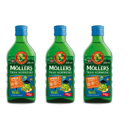 Möller's Omega-3 Aceite de hígado de bacalao, sabor afrutado, 3x250 ml
