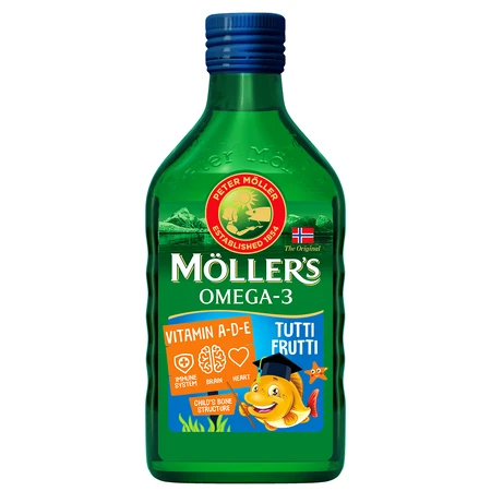 Moller’s Olio di fegato di merluzzo Omega 3, Integratori alimentari di omega-3 con EPA, DHA, vitamine A, D ed Ei, gusto fruttato, 3x250 ml, Möller's