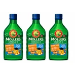Moller’s Olio di fegato di merluzzo Omega 3, Integratori alimentari di omega-3 con EPA, DHA, vitamine A, D ed Ei, gusto fruttato, 3x250 ml, Möller's