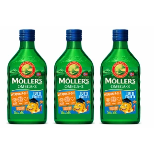 Moller’s Olio di fegato di merluzzo Omega 3, Integratori alimentari di omega-3 con EPA, DHA, vitamine A, D ed Ei, gusto fruttato, 3x250 ml, Möller's