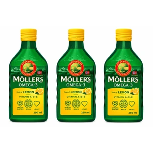 Moller’s Olio di fegato di merluzzo Omega 3, Integratori alimentari di omega-3 con EPA, DHA, vitamine A, D ed Ei, sgusto limone, 3x250 ml, Möller's
