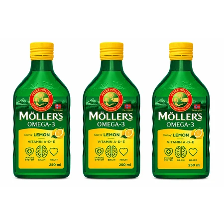 Moller’s Olio di fegato di merluzzo Omega 3, Integratori alimentari di omega-3 con EPA, DHA, vitamine A, D ed Ei, sgusto limone, 3x250 ml, Möller's