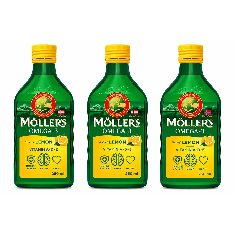 Moller’s Olio di fegato di merluzzo Omega 3, Integratori alimentari di omega-3 con EPA, DHA, vitamine A, D ed Ei, sgusto limone, 3x250 ml, Möller's