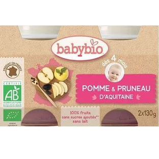 Puré de Manzanas y Ciruelas secas BIO, +4 meses, 2x 130g, BabyBio