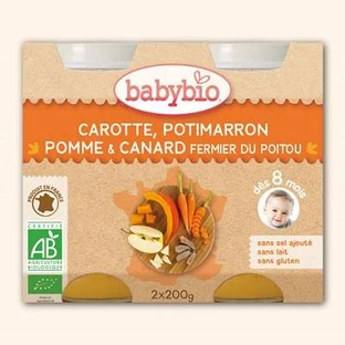 Puré ecológico de zanahoria, calabaza, manzana y pato, +8 meses, 2x200g, BabyBio