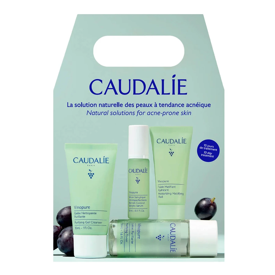 Kit de démarrage Caudalie Vinopure, gel nettoyant visage, 30 ml + tonique, 50 ml + sérum anti-imperfections, 10 ml + fluide matifiant et hydratant, 15 ml