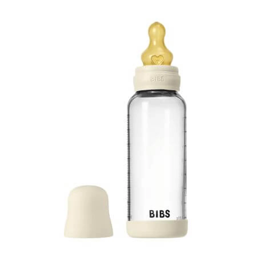 Complete set 240 ml glazen fles met medium flow latex speen, Ivoor, Slabbetjes