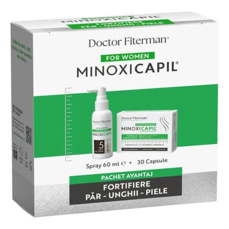 Verpakking Fortofiere haar, huid en nagels Minoxicapil, 60 ml + 60 capsules, Dokter Fiterman